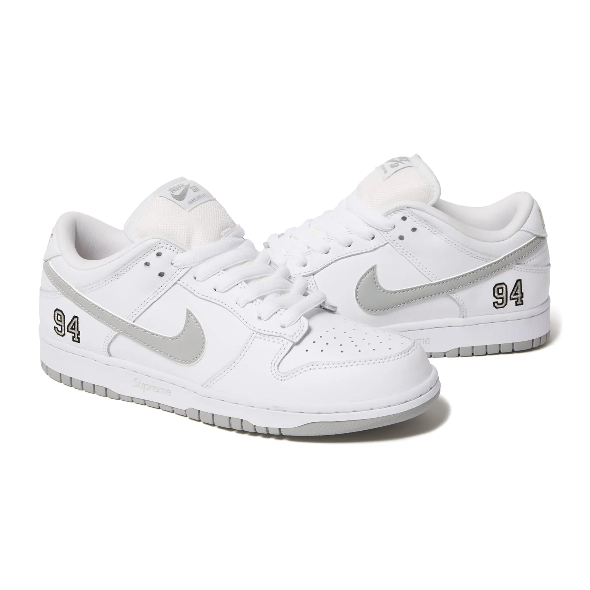 Front Side View of Supreme x Nike SB Dunk Low White HQ8487-100